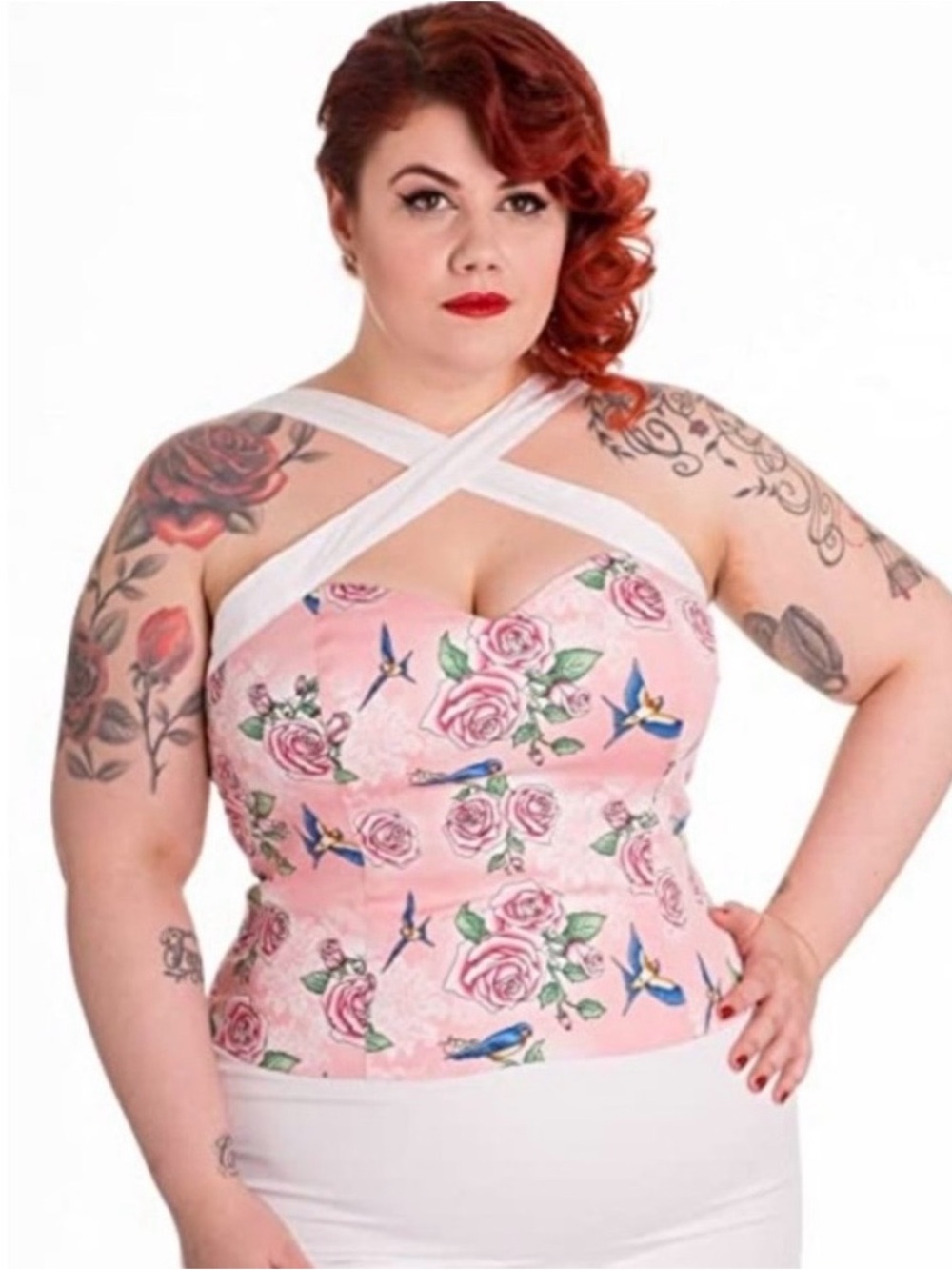 Hell Bunny Pink Rose & Swallows Cross-Strap Bustier Top